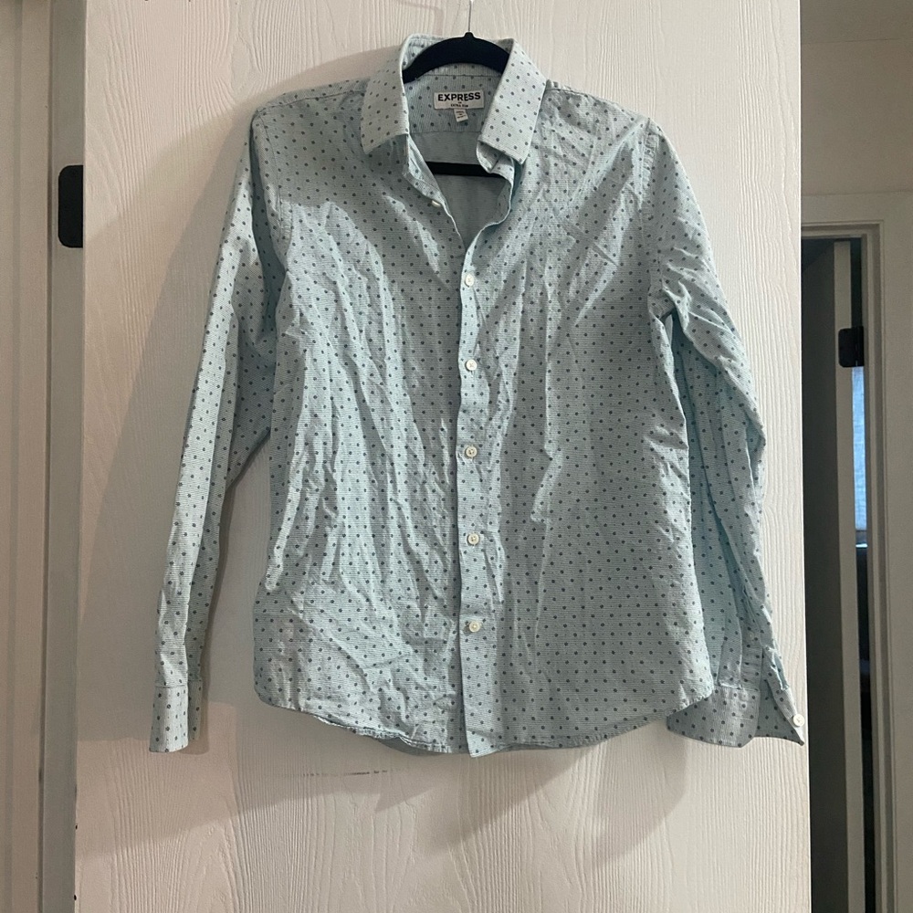 Blue and white polka dot Express shirt